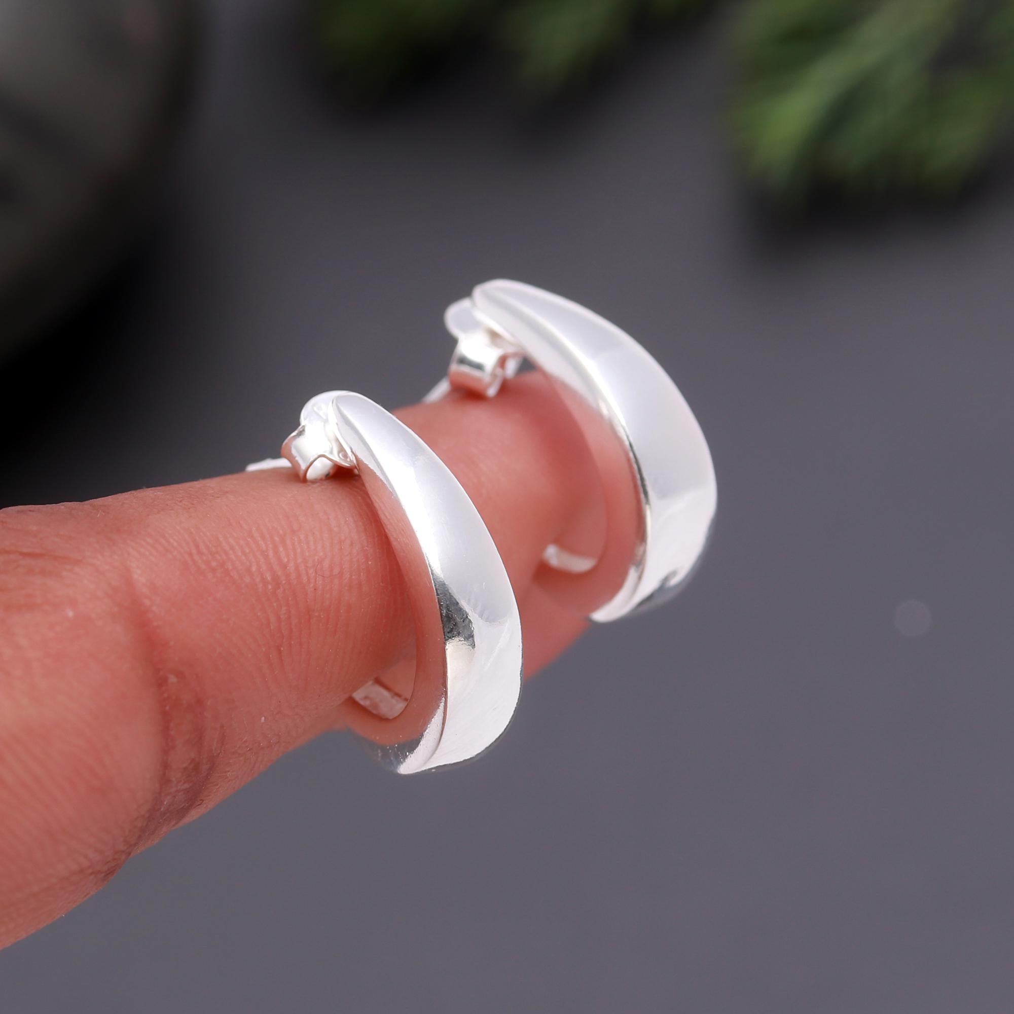 925 Silver Chunky Crescent Hoop Stud Earrings