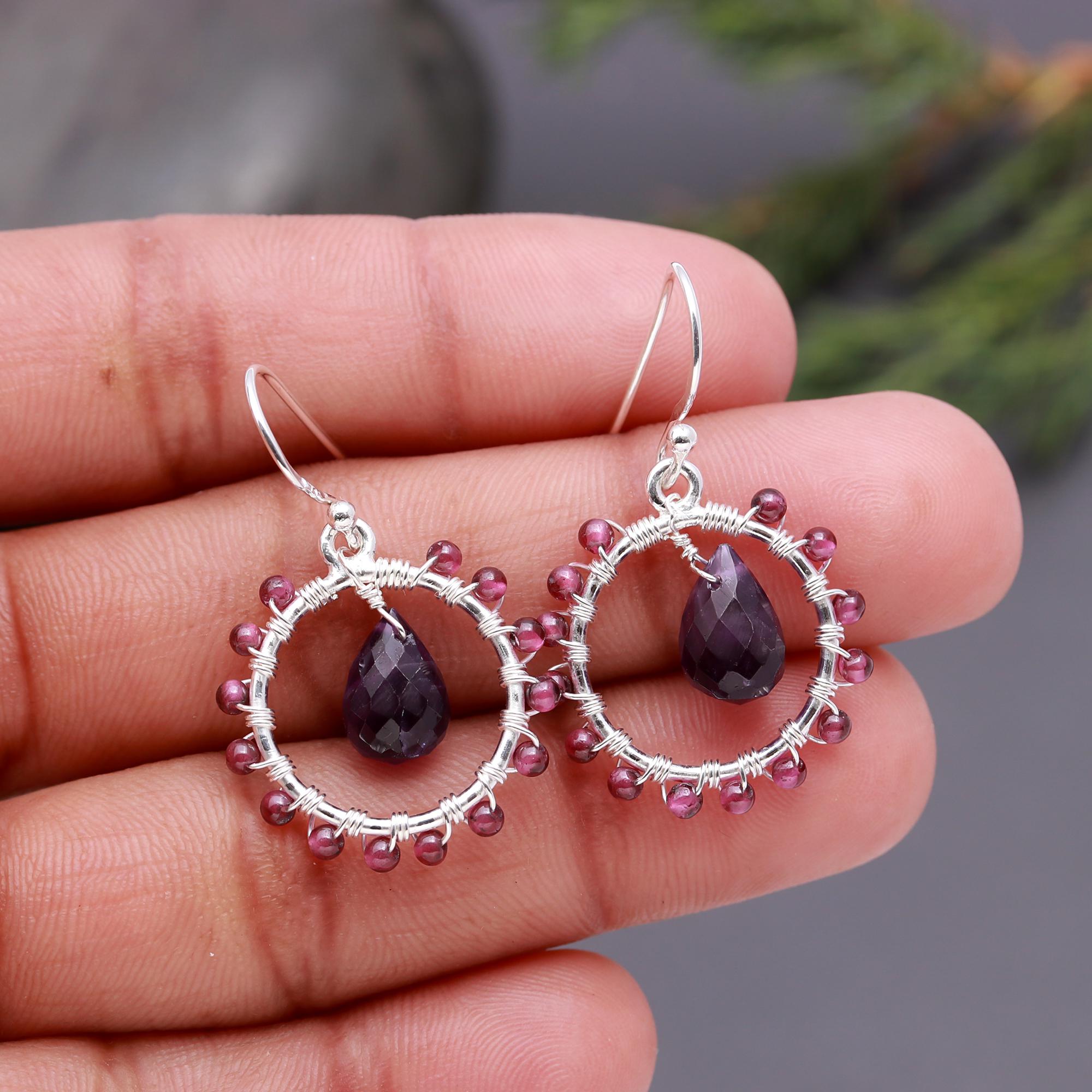 925 Silver Garnet Beaded Dangle Earrings