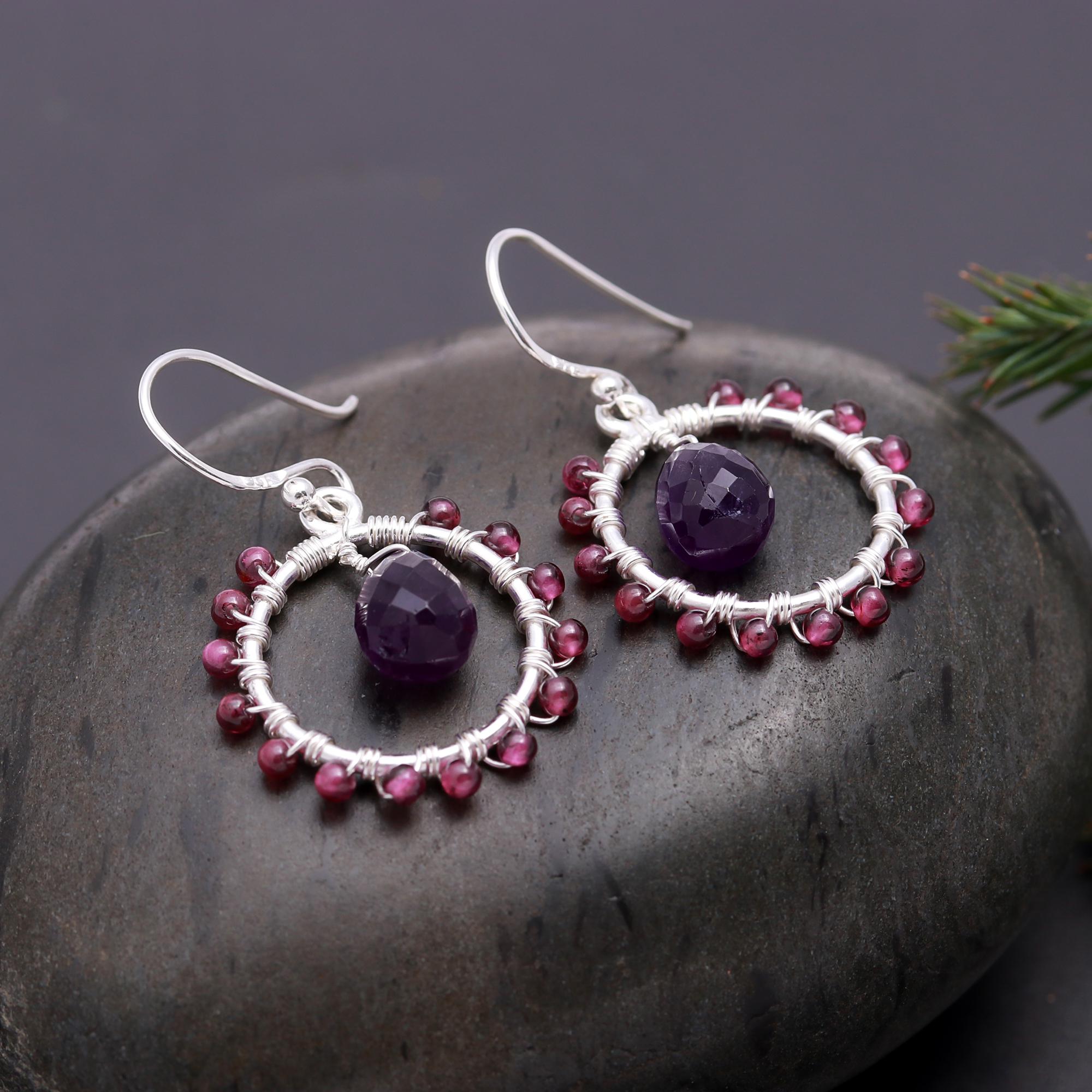 925 Silver Garnet Beaded Dangle Earrings