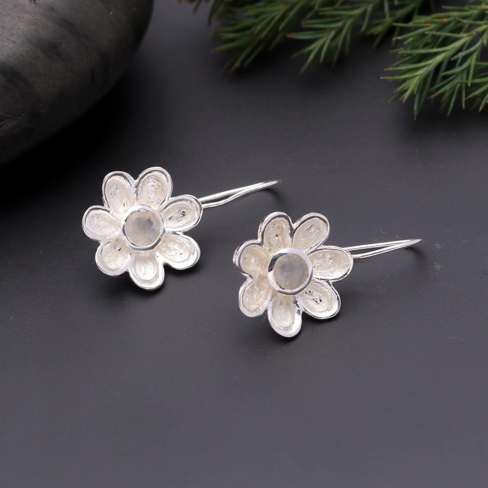 925 Silver Moonstone Flower Dangle Earrings