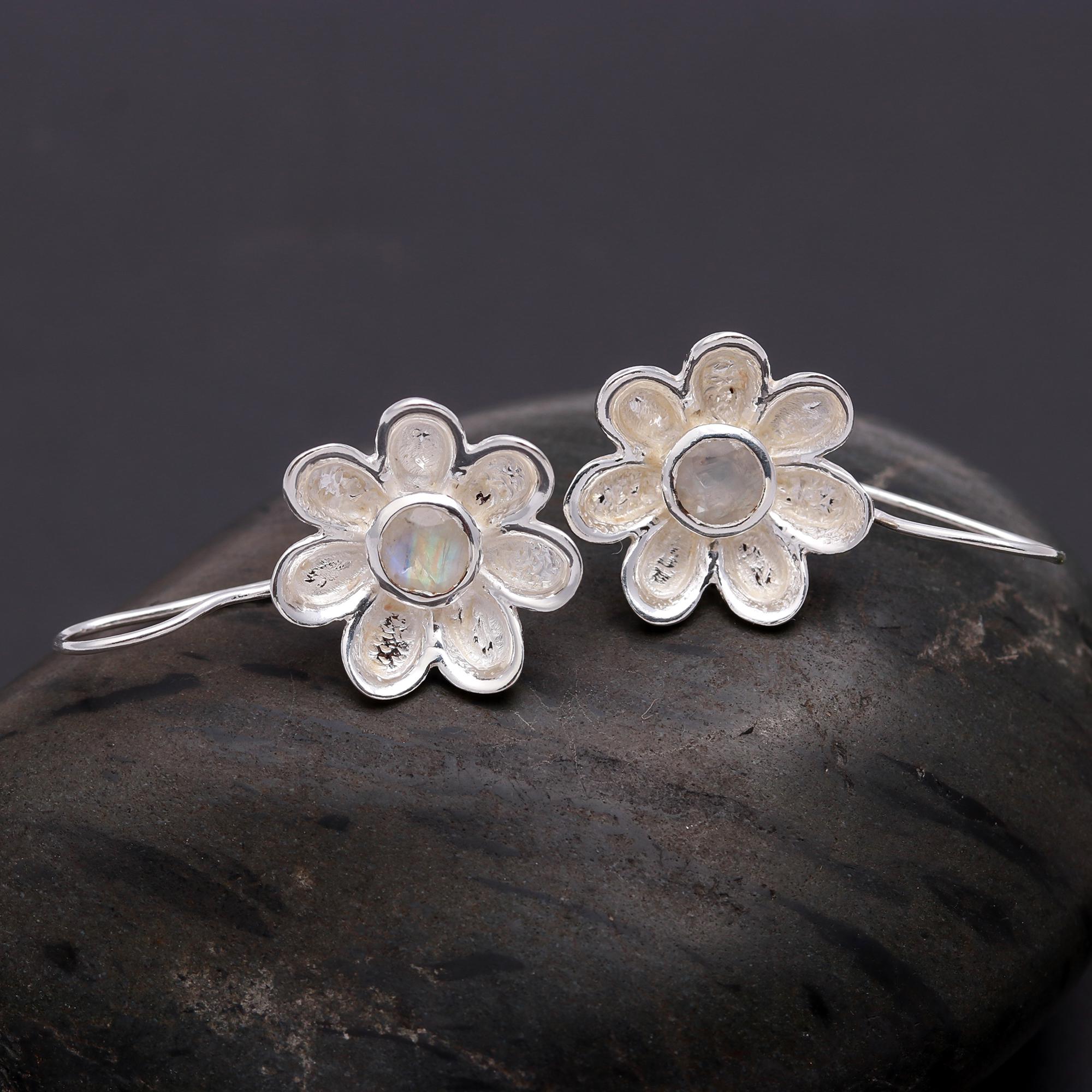 925 Silver Moonstone Flower Dangle Earrings