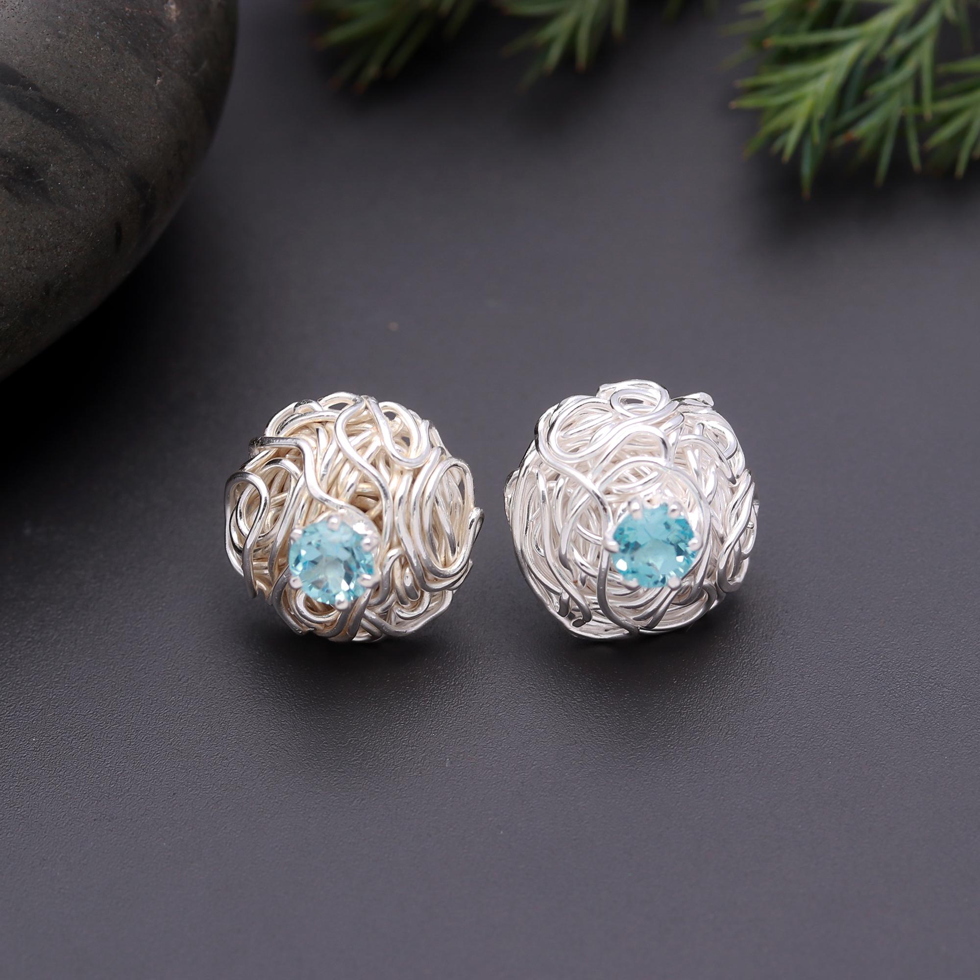 925 Silver Nest Blue Topaz Stud Earrings