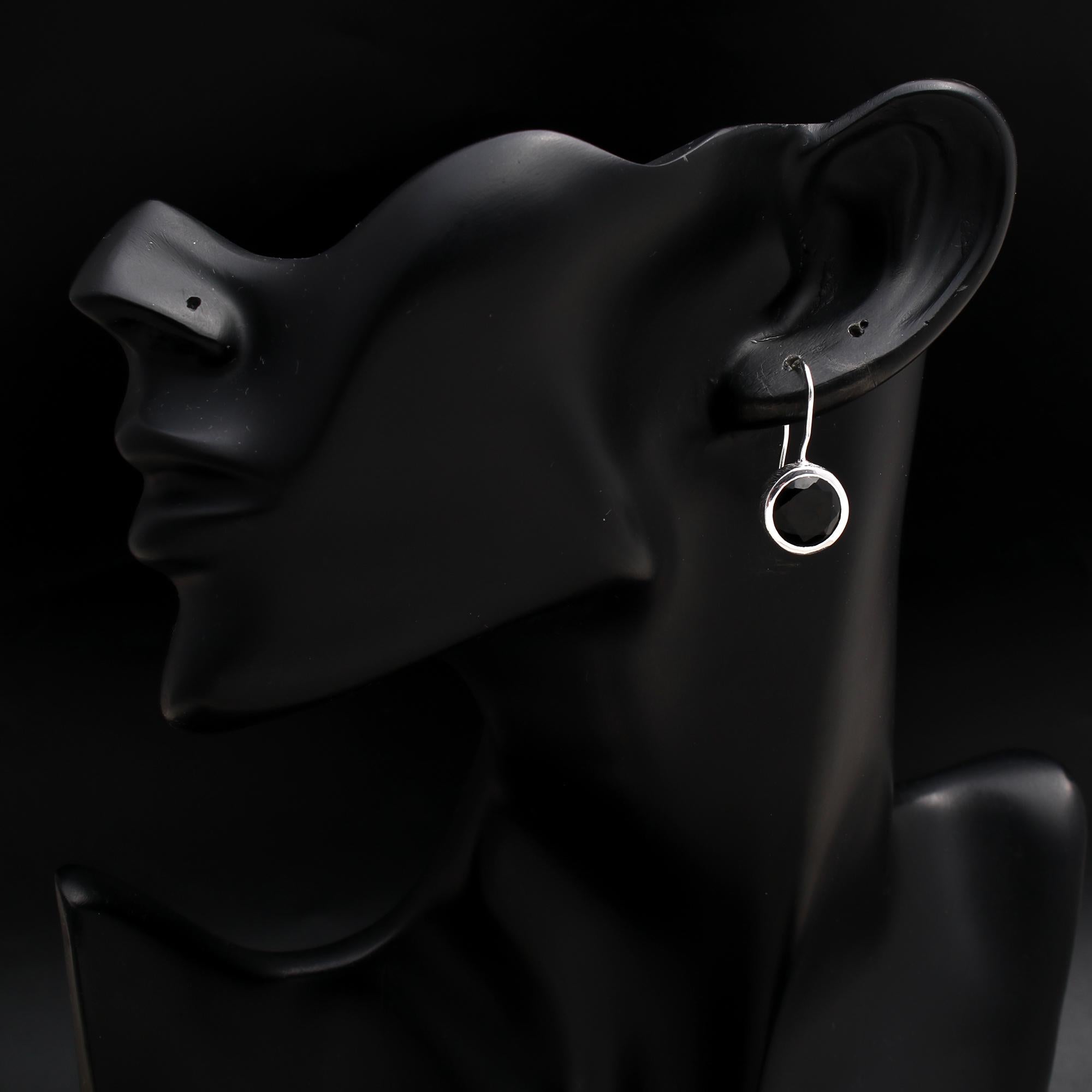 925 Silver Round Black Onyx Dangle Earrings