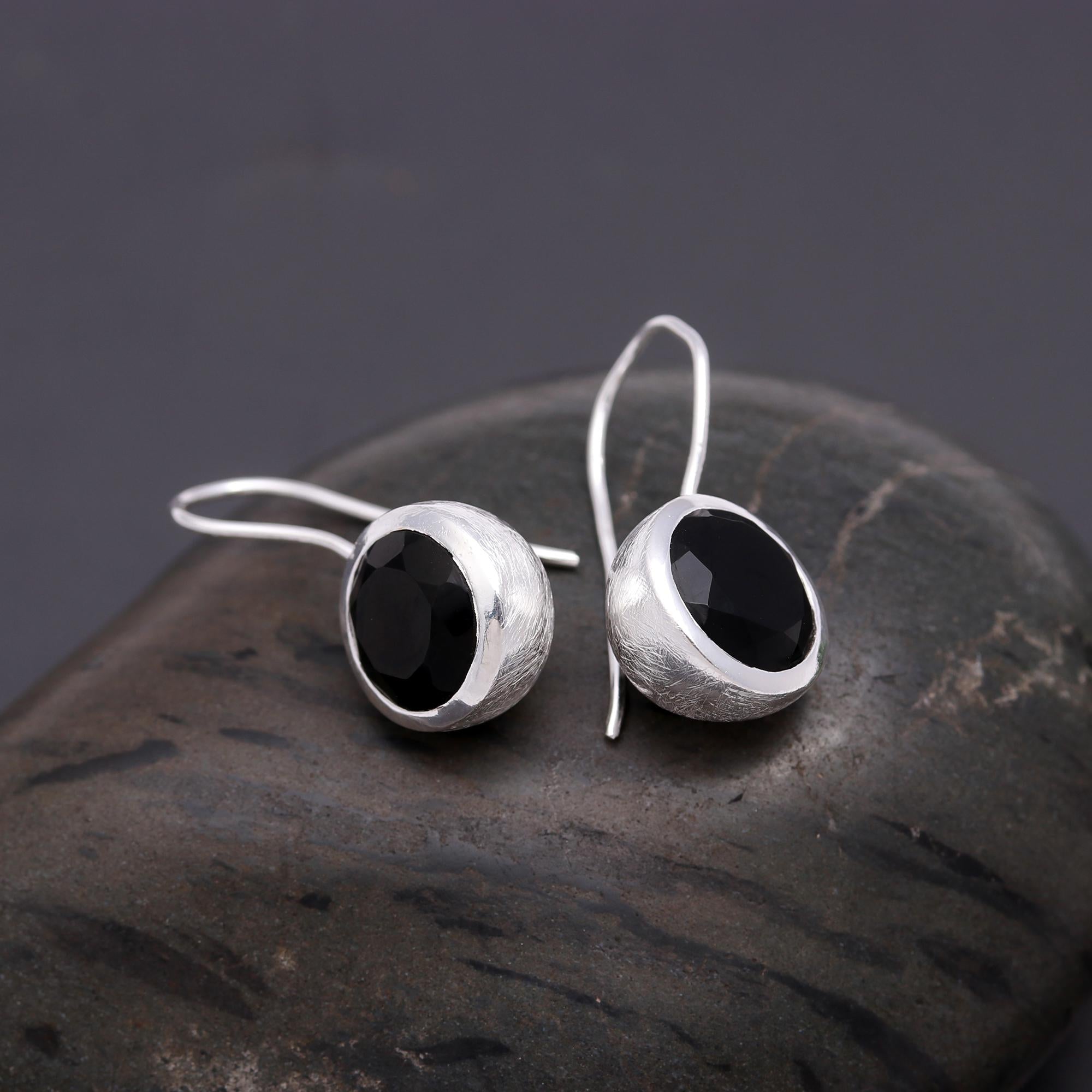 925 Silver Round Black Onyx Dangle Earrings