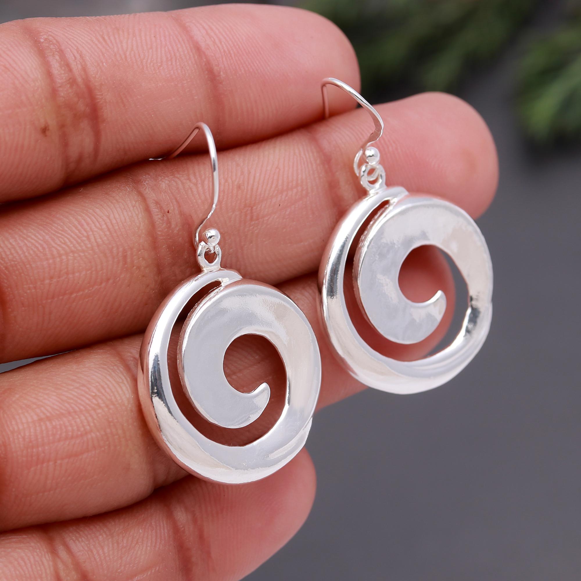 925 Silver Round Spiral Dangle Earrings