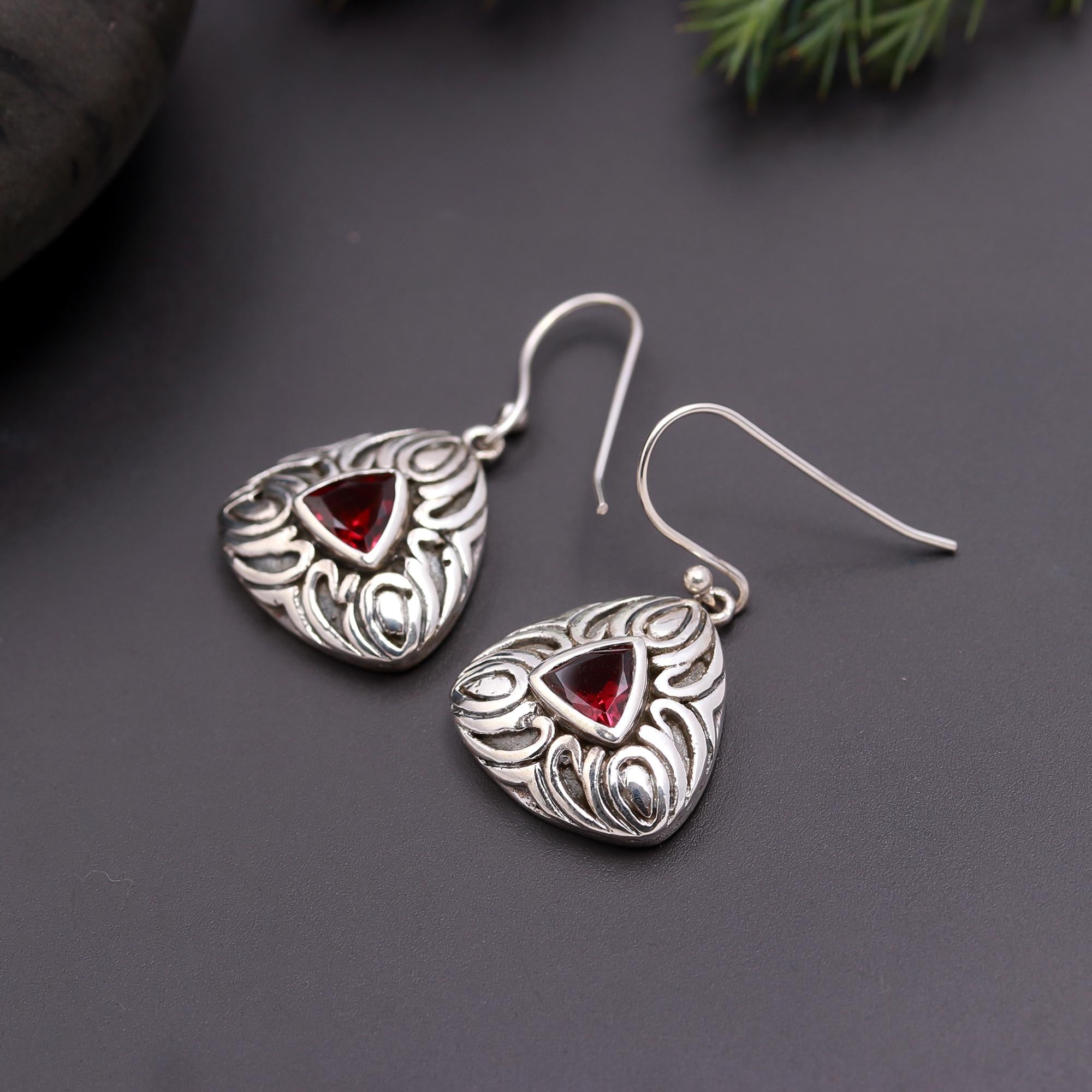 925 Silver Triangle Garnet Dangle Earrings
