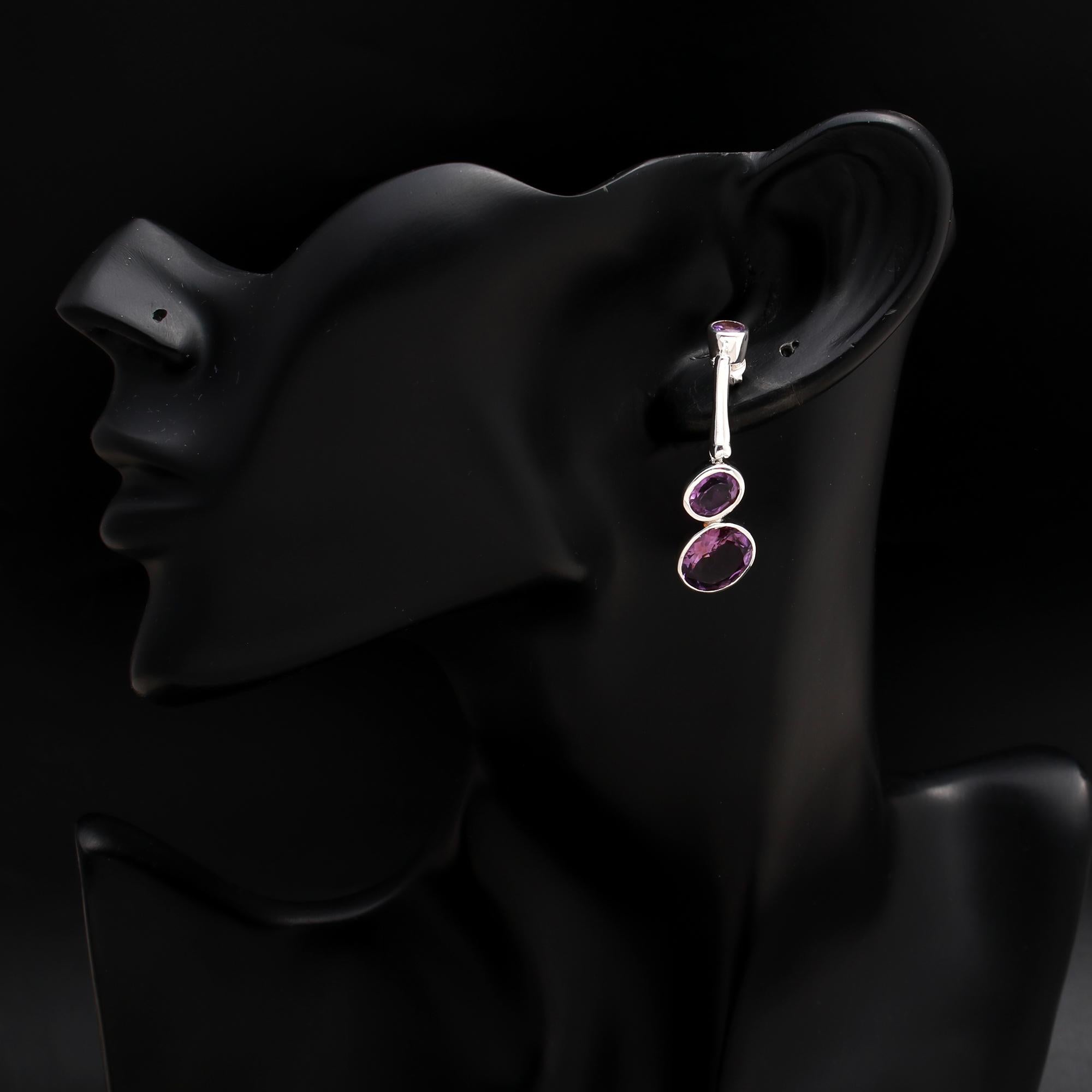 925 Silver Triple Amethyst Drop Earrings