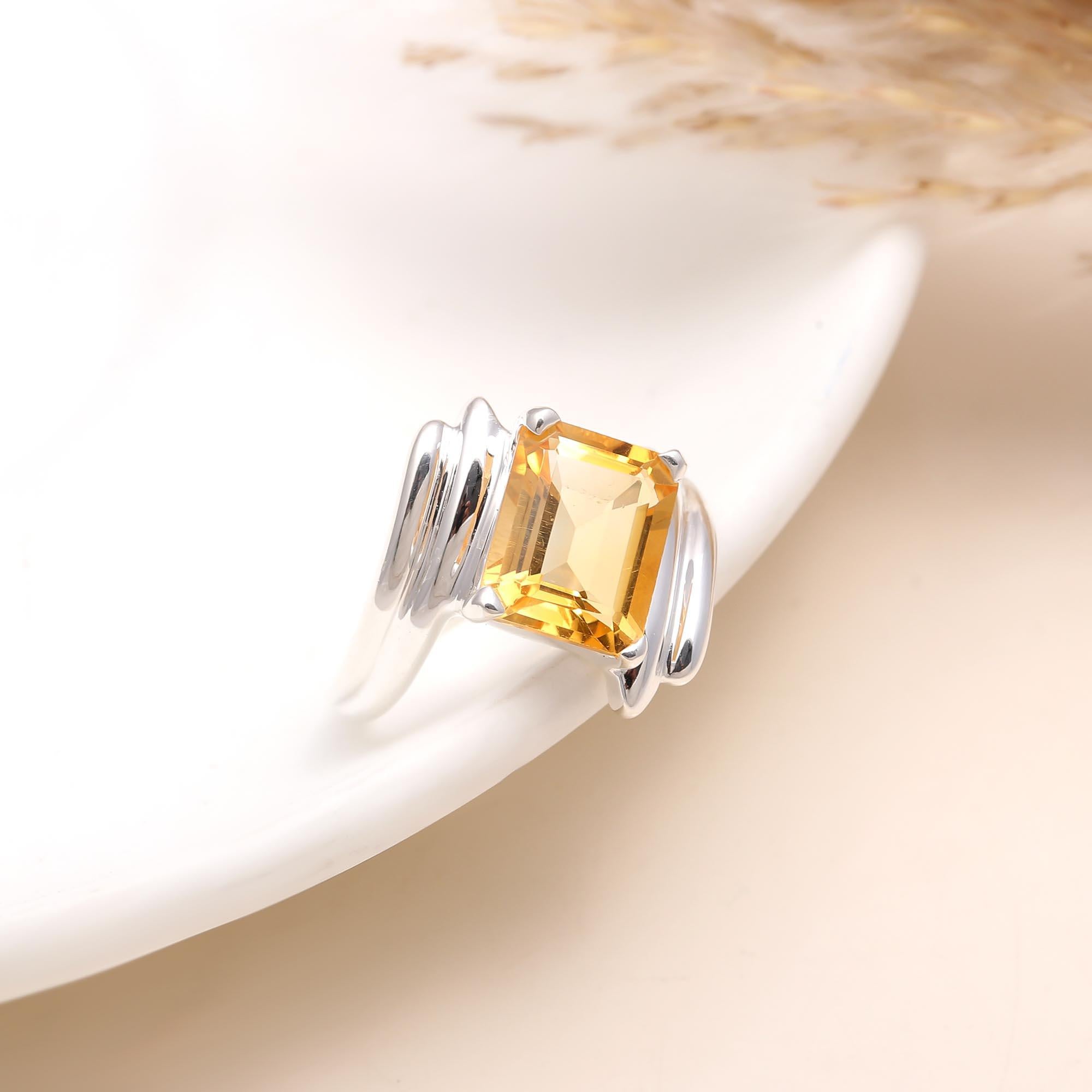 925 Silver Emerald Cut Citrine Solitaire Ring front view