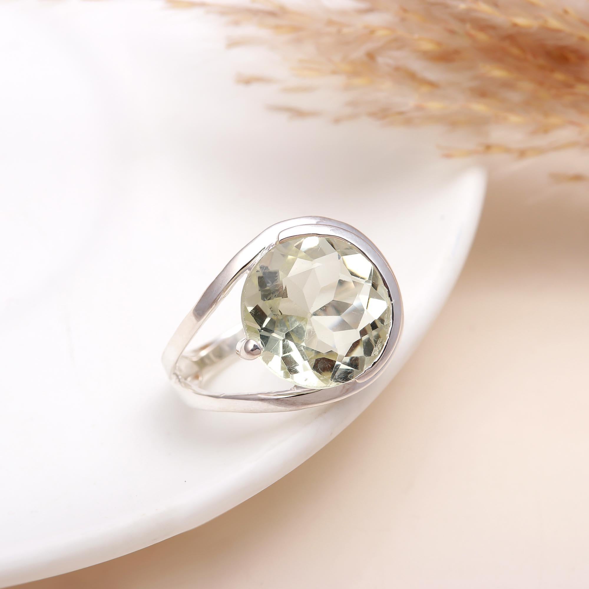 925 Silver Round Green Amethyst  Ring front view