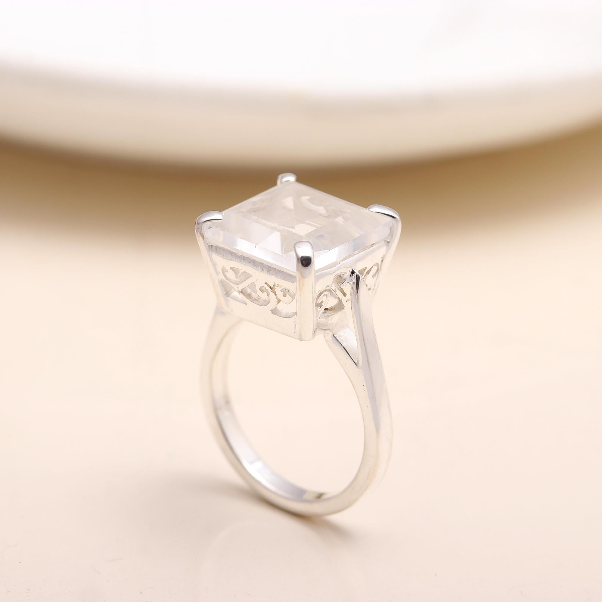 Square Cut Clear Quartz Ring for Women