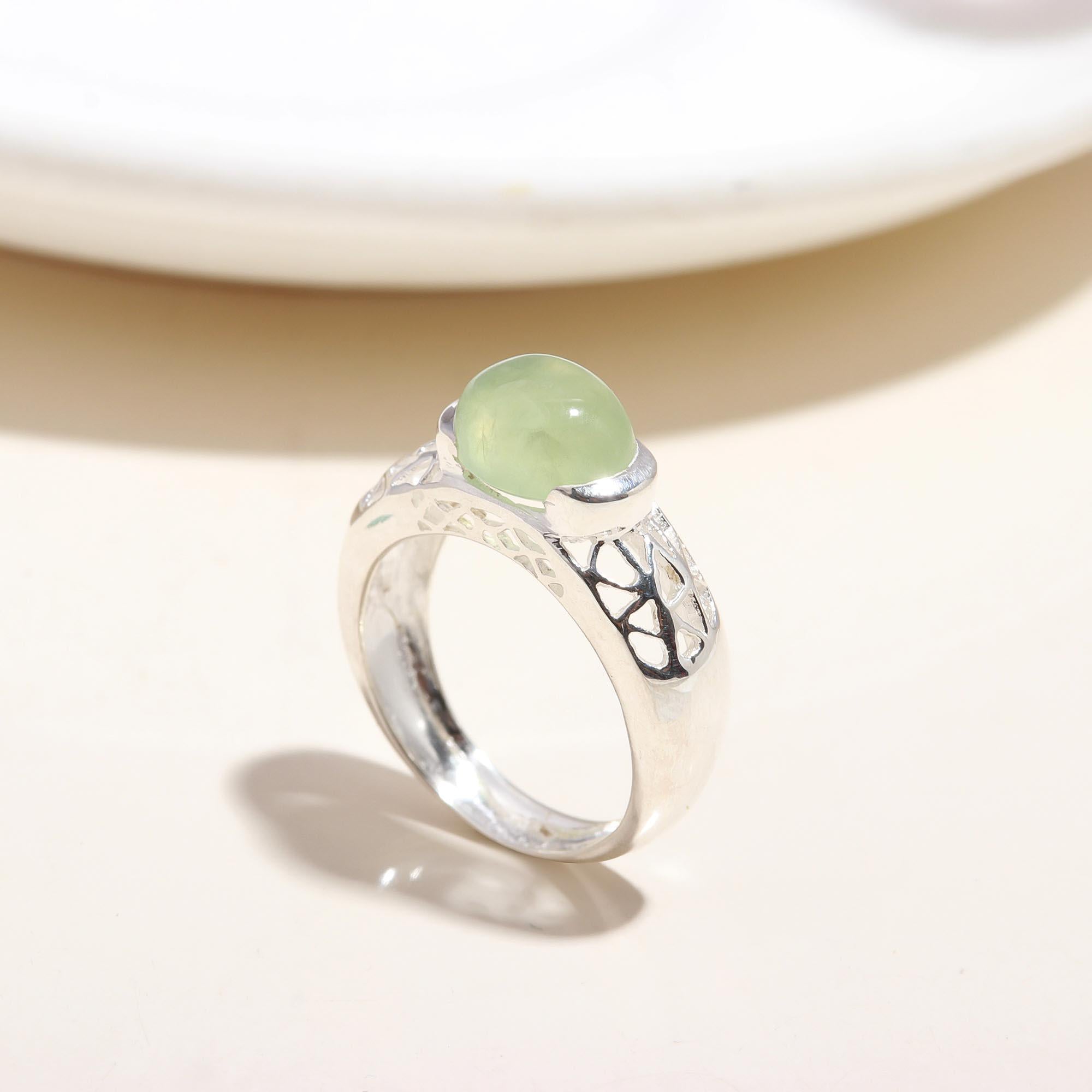 The Serene Dome: Prehnite Silver Geometric Ring