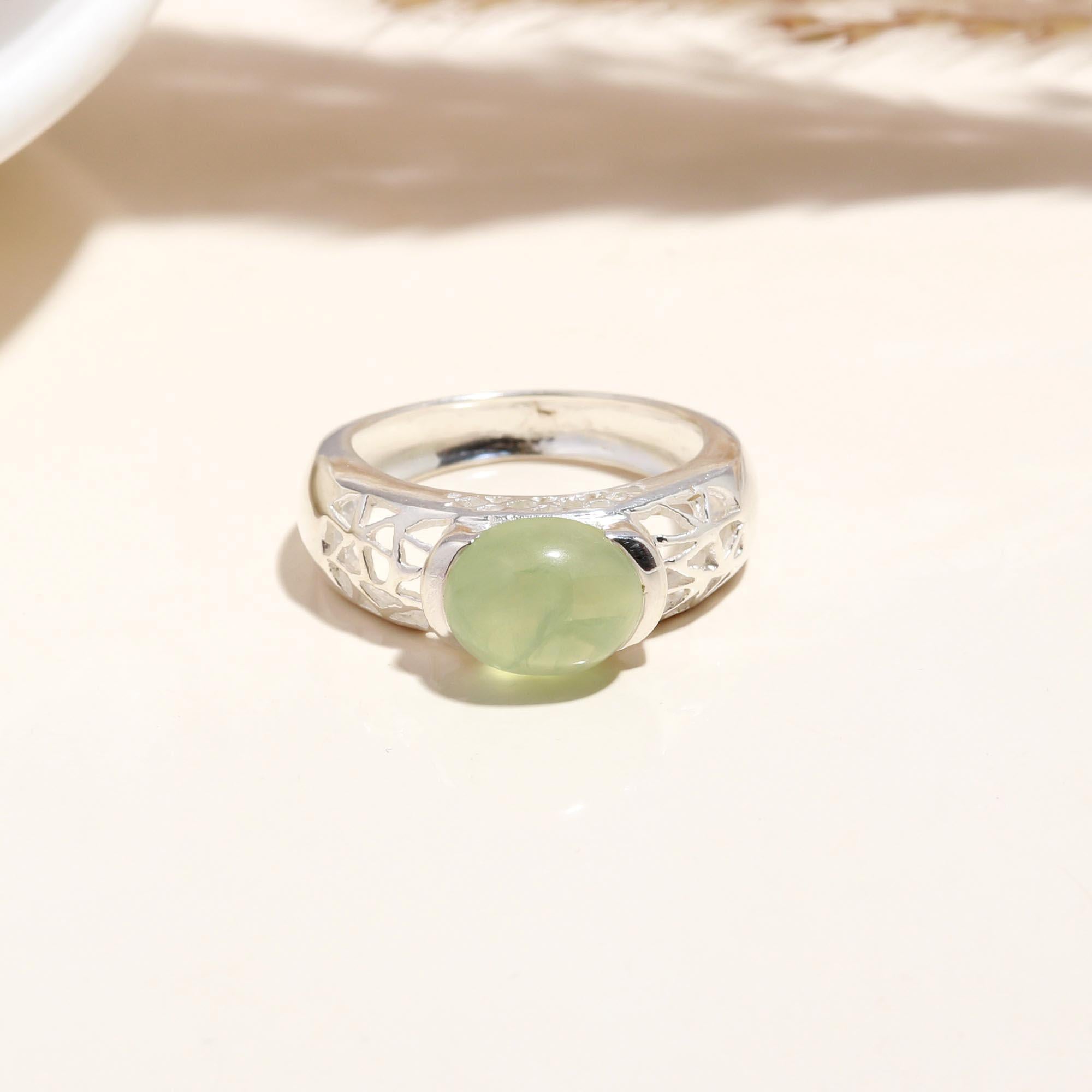 The Serene Dome: Prehnite Silver Geometric Ring