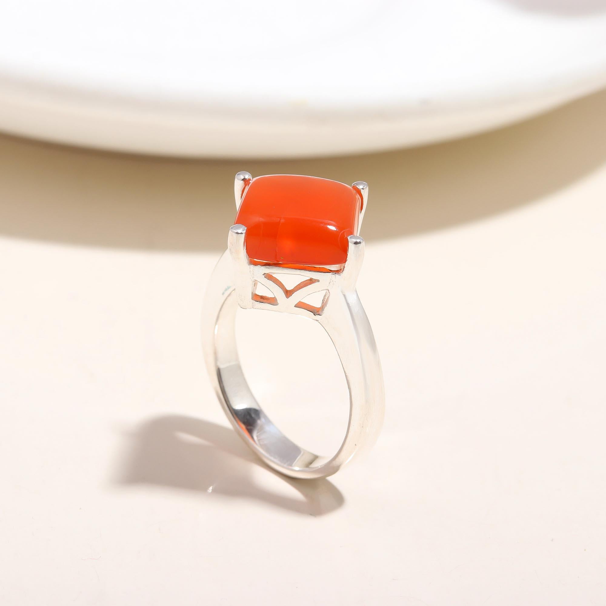 The Fiery Square: Carnelian Cushion Silver Geometric Ring