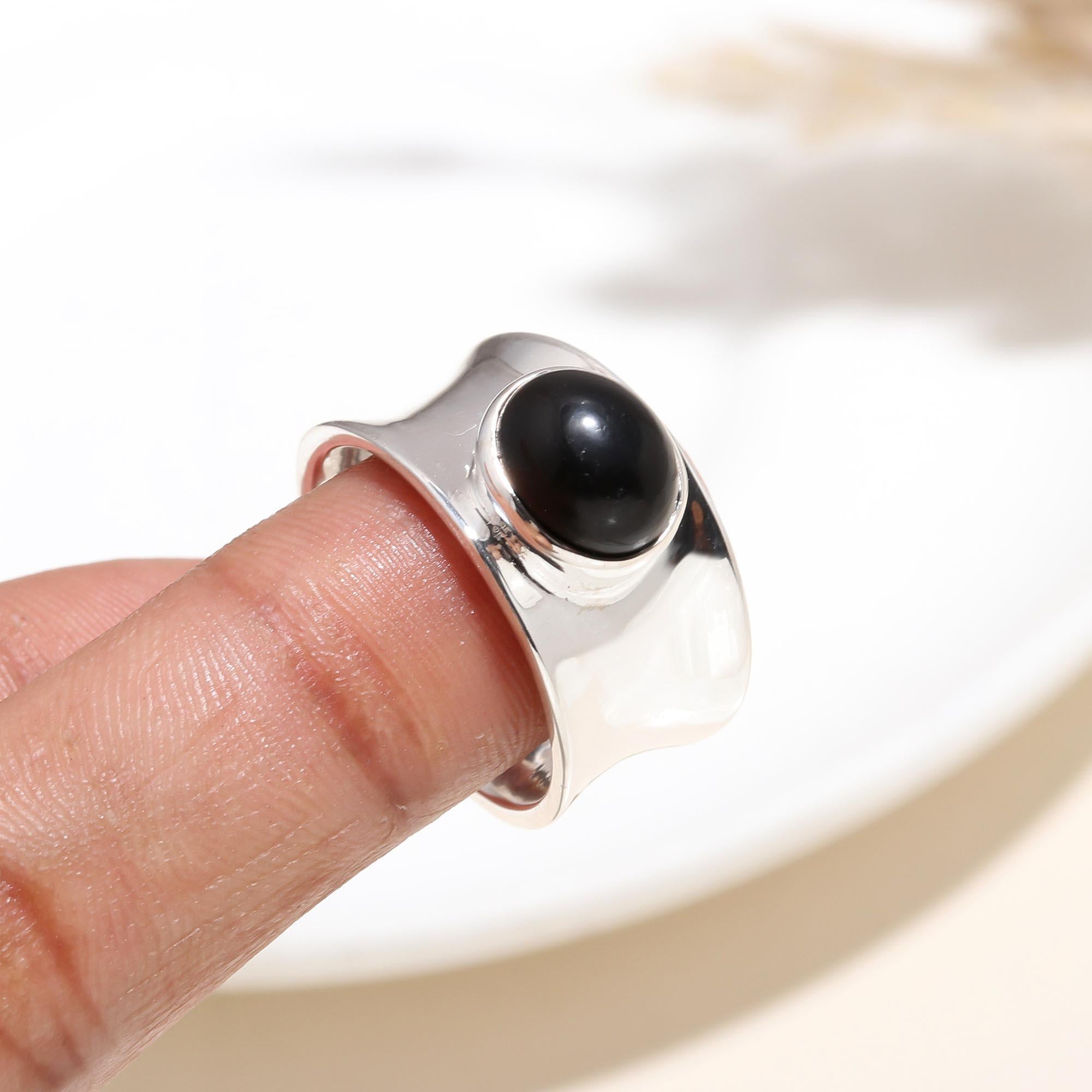 The Midnight Curve: Black Onyx Wide Band Silver Ring