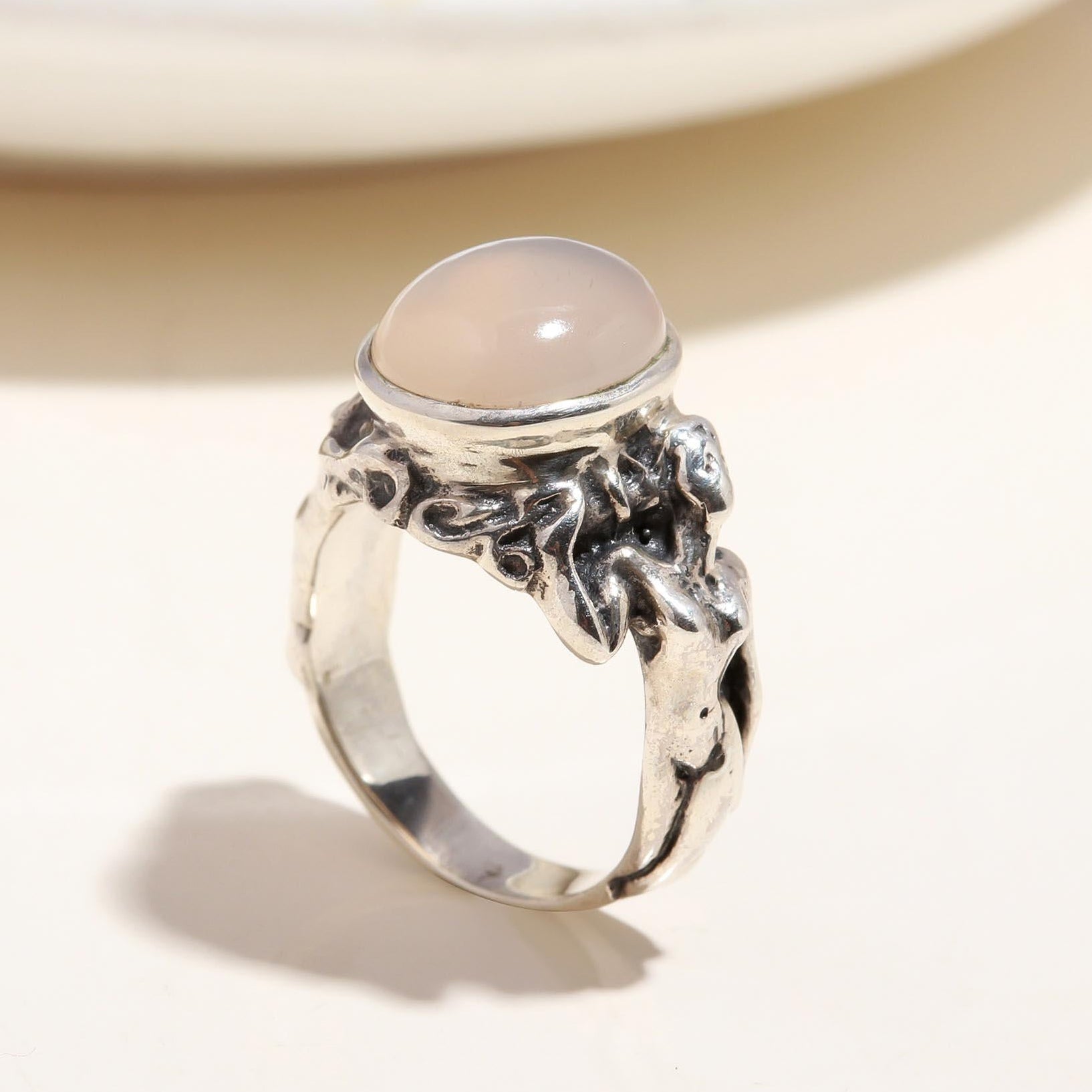 The Mystic Blush: Rose Quartz Sculptural Silver Ring