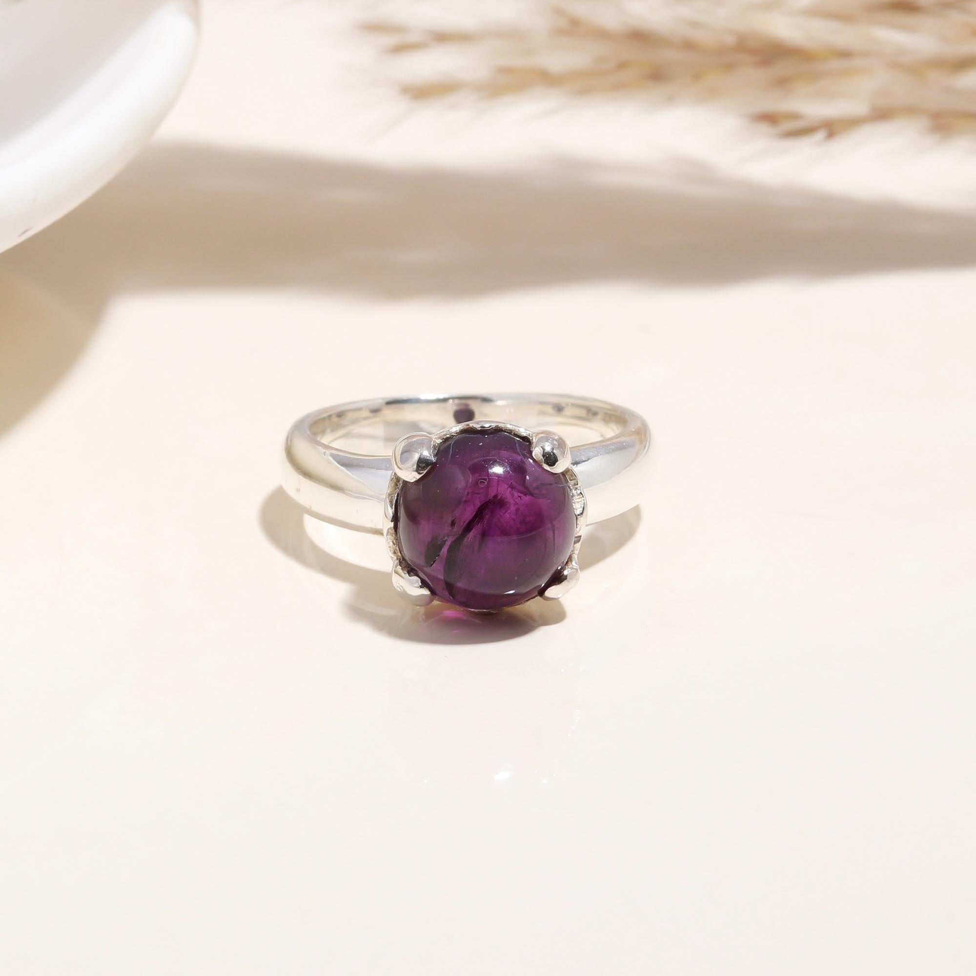 The Violet Coronet: Amethyst Cabochon Silver Crown Ring