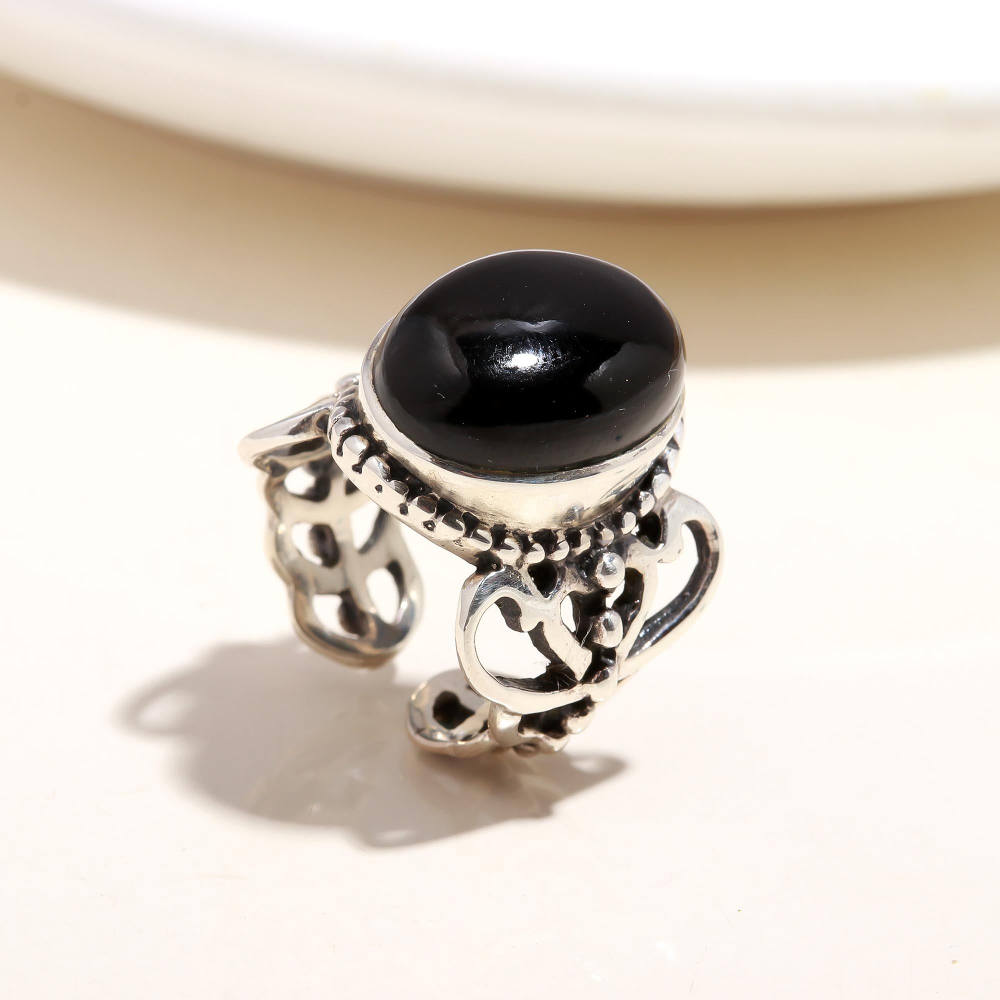 The Night Scroll: Black Onyx Silver Filigree Ring