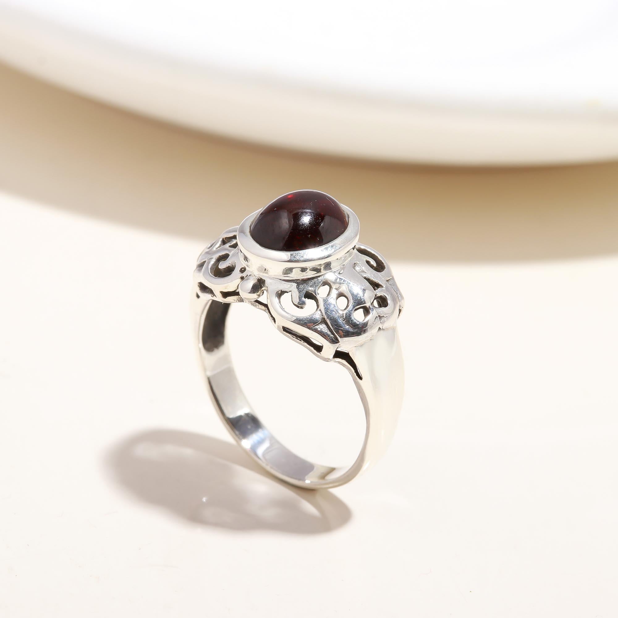 The Crimson Scroll: Garnet Silver Filigree Ring
