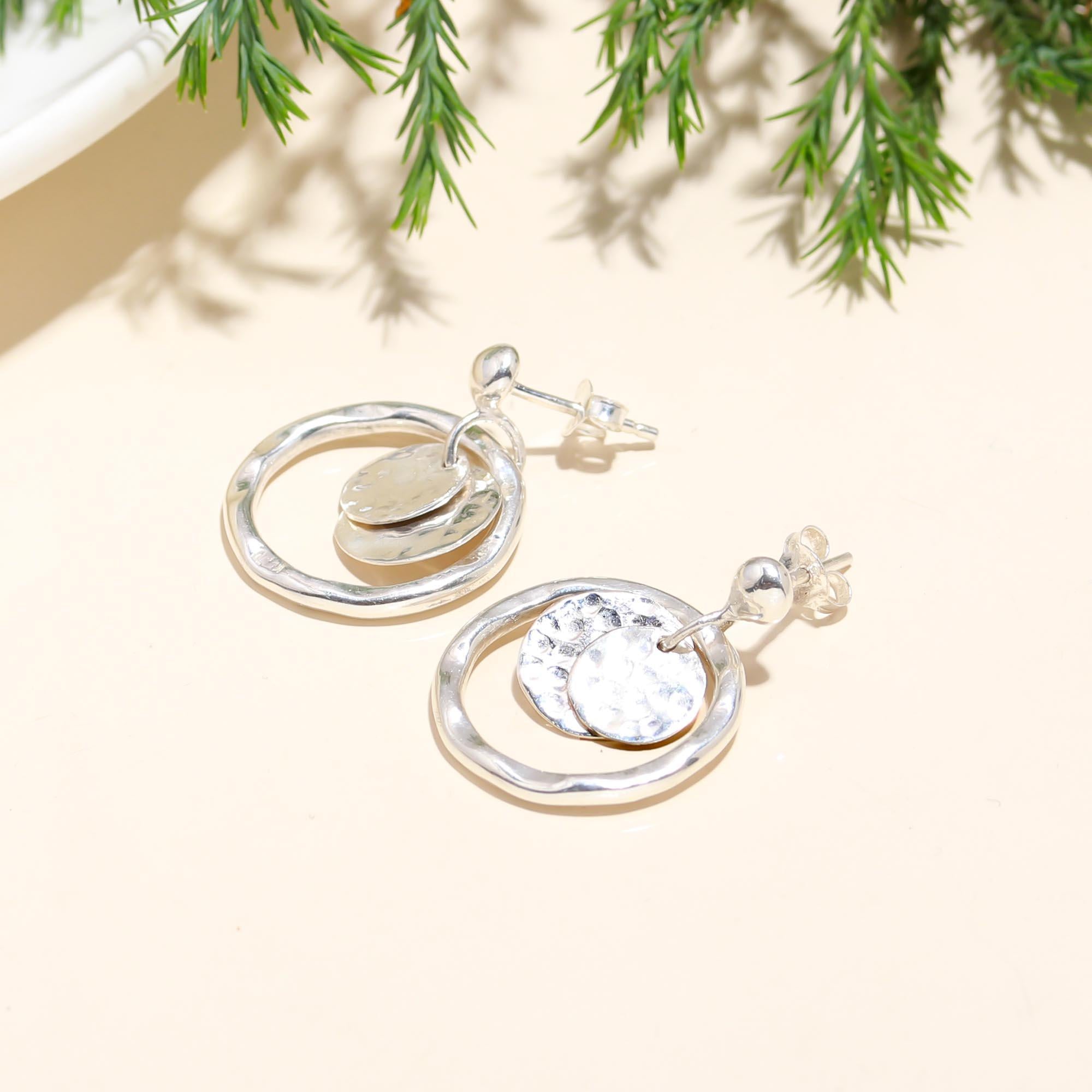 925 Silver Double Circle Drop Earrings