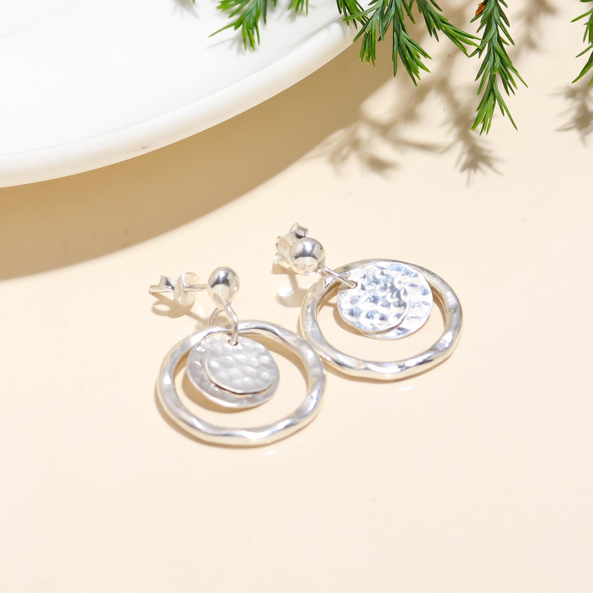925 Silver Double Circle Drop Earrings