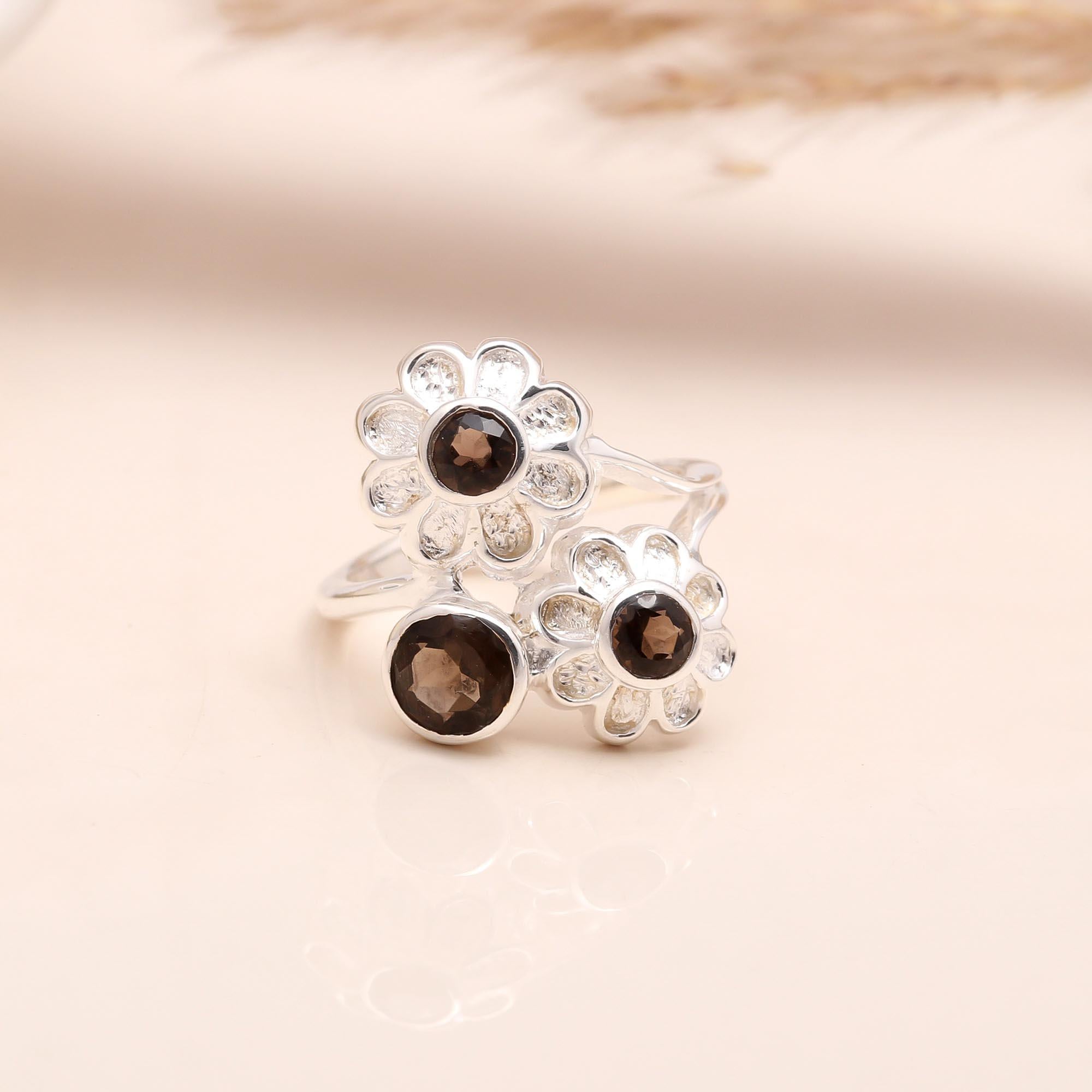 The Earthy Bloom: Smoky Quartz Flower Trio