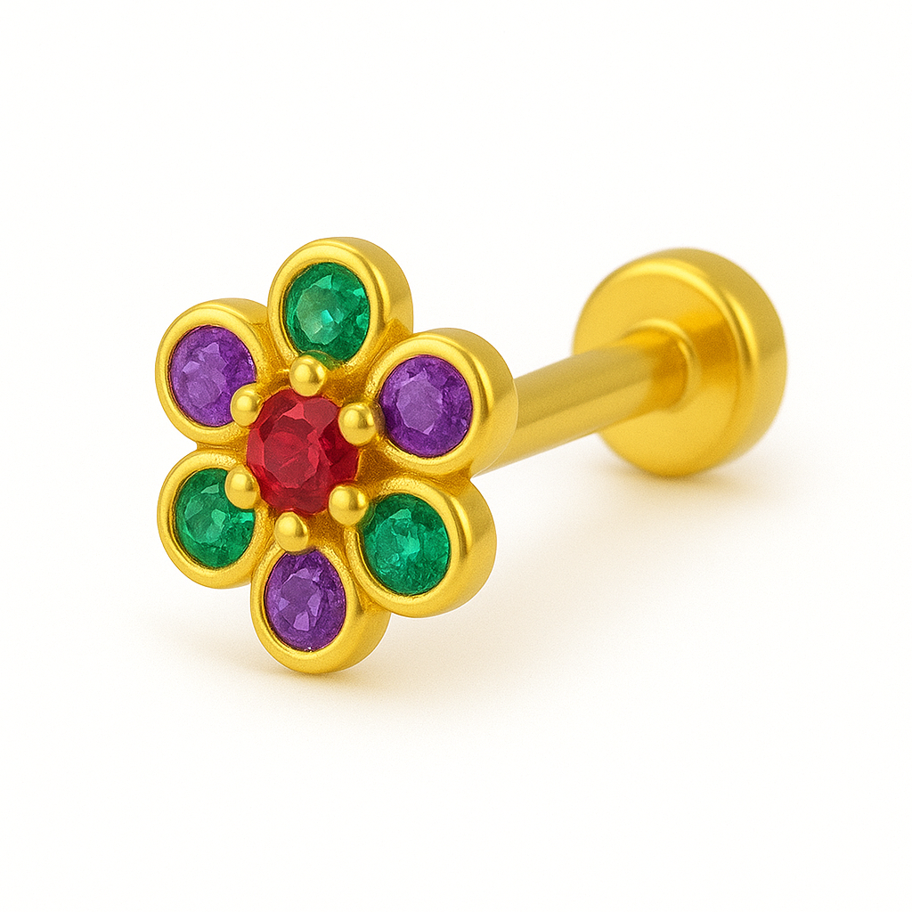 925 Sterling Silver Gold Plated Multi color Gemstone Floral Nose Pin