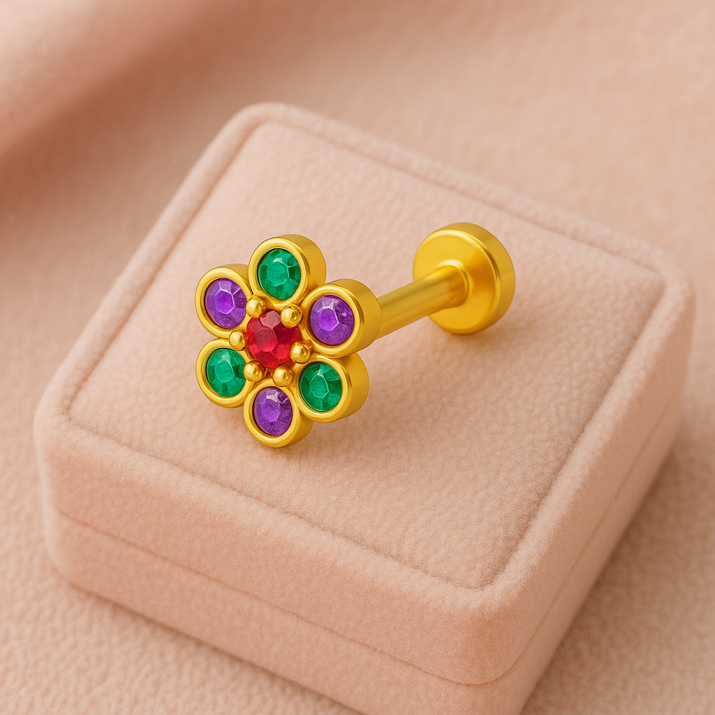 925 Sterling Silver Gold Plated Multi color Gemstone Floral Nose Pin