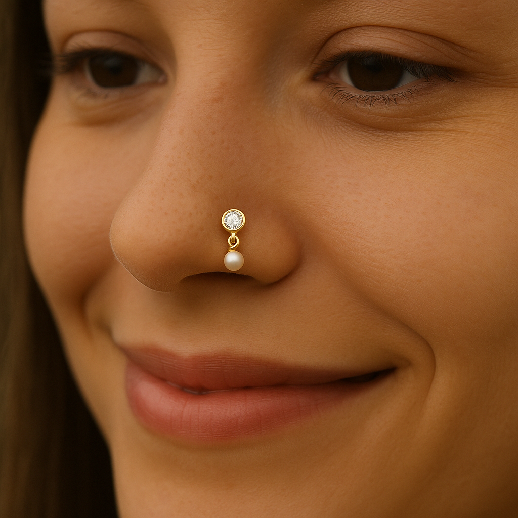 925 Sterling Silver Gold Plated Pearl Drop Nose Pin