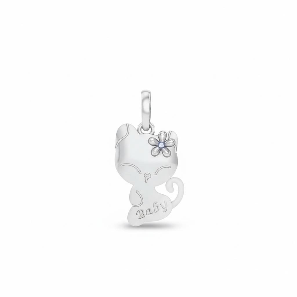 925 Sterling Silver Cute Cat Baby Engraved Pendant with Flower Charm for Kids & Women