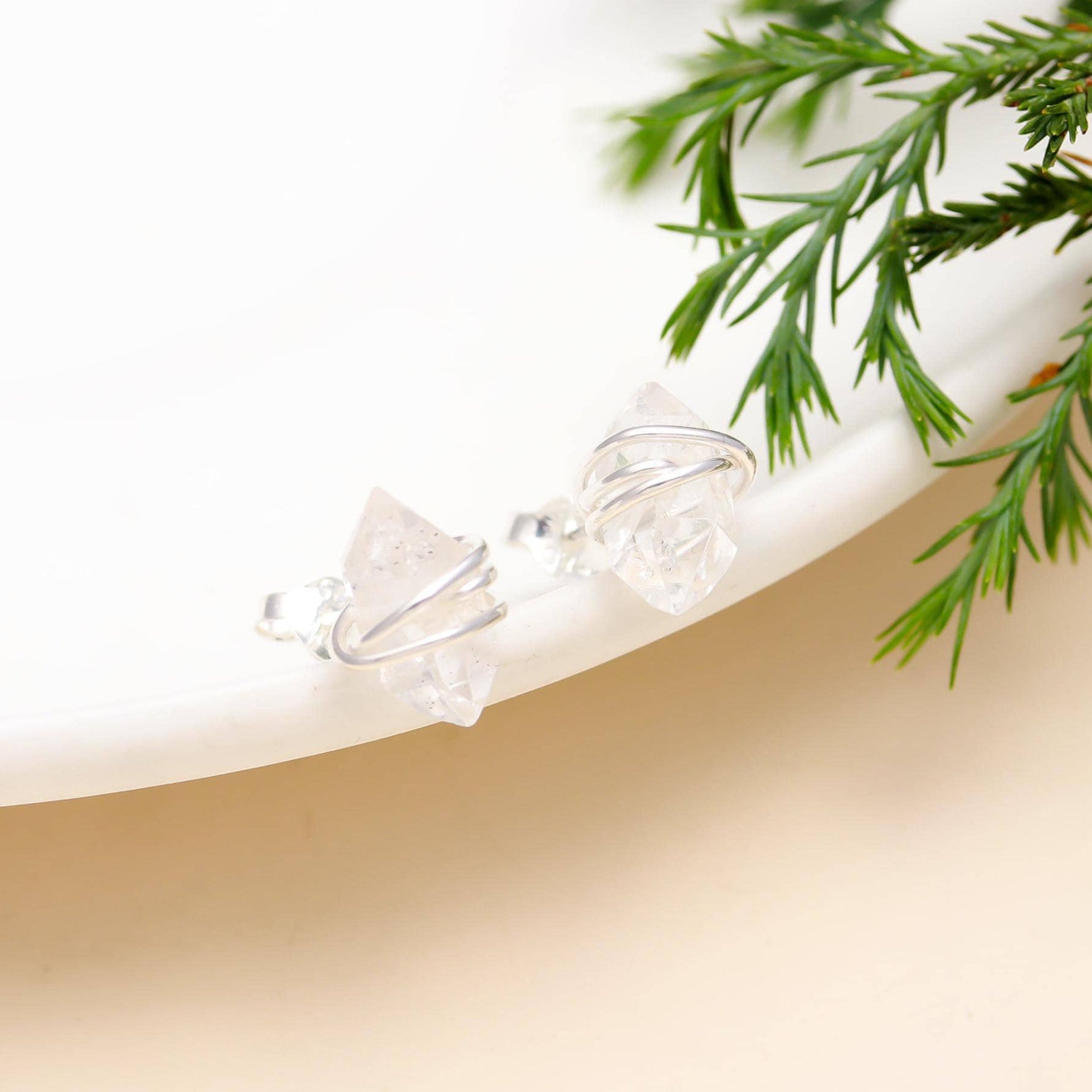 The Crystalline Nest: Raw Herkimer Diamond & Silver Wire Studs