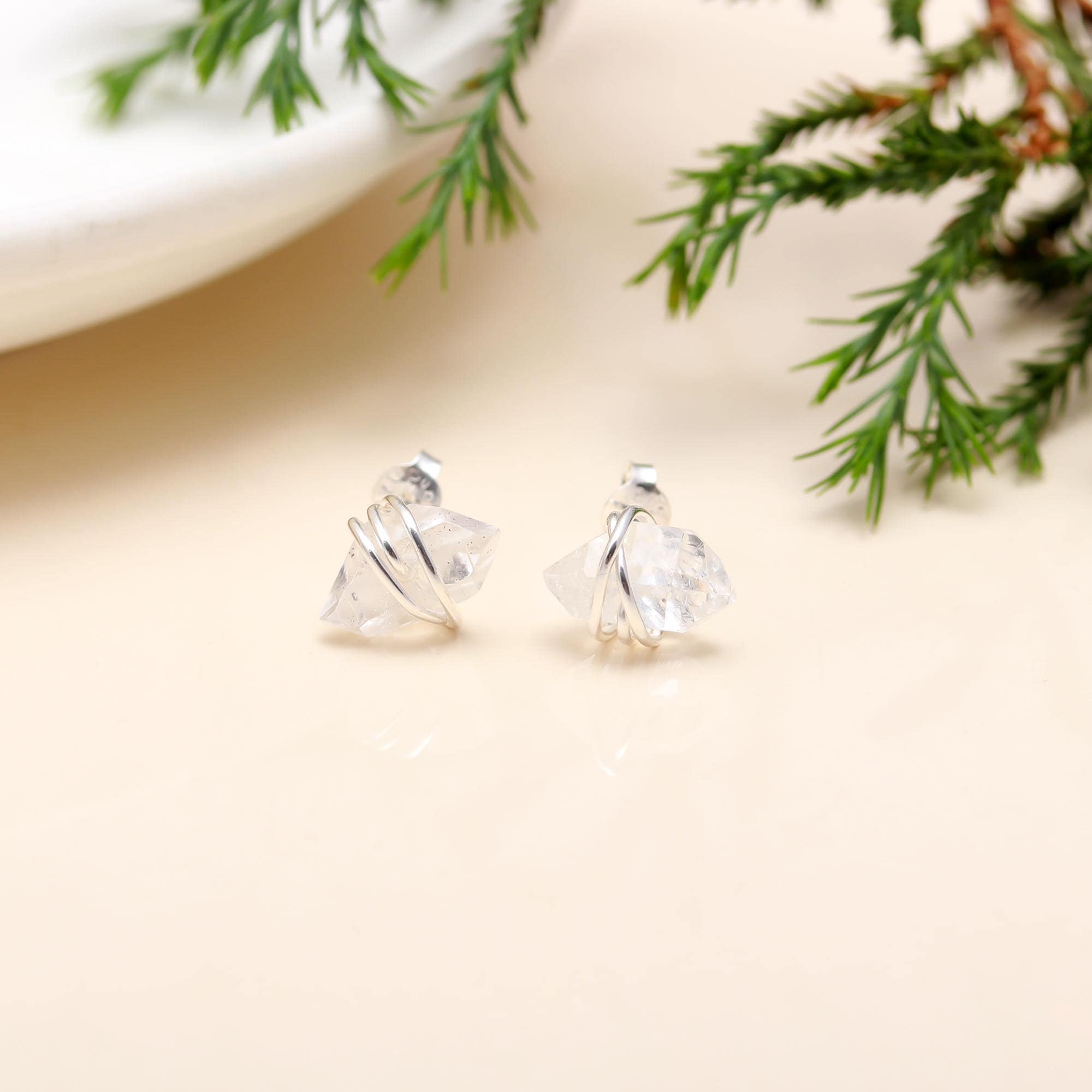 The Crystalline Nest: Raw Herkimer Diamond & Silver Wire Studs