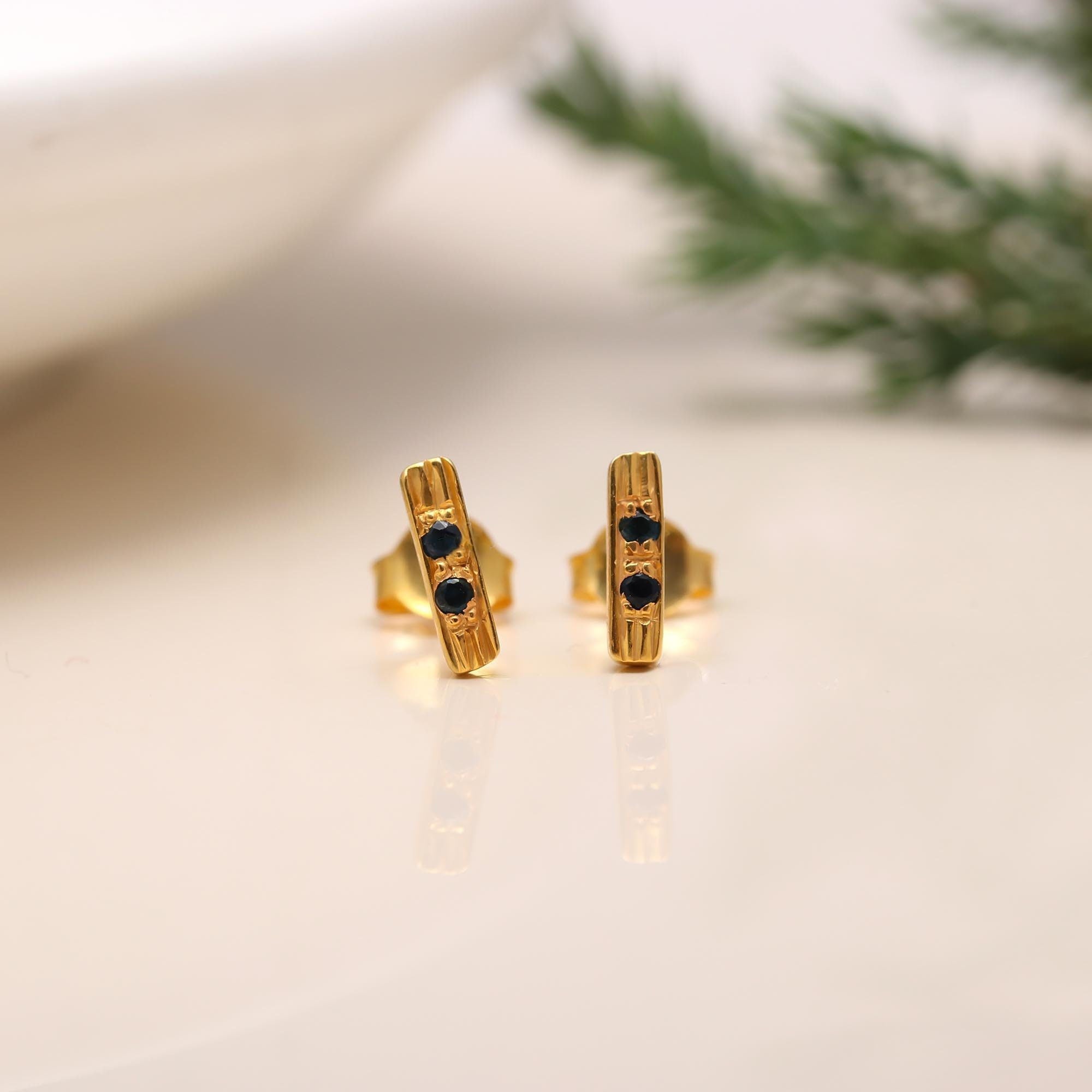The Gilded Stripe: Textured Gold & Blue Sapphire Bar Studs