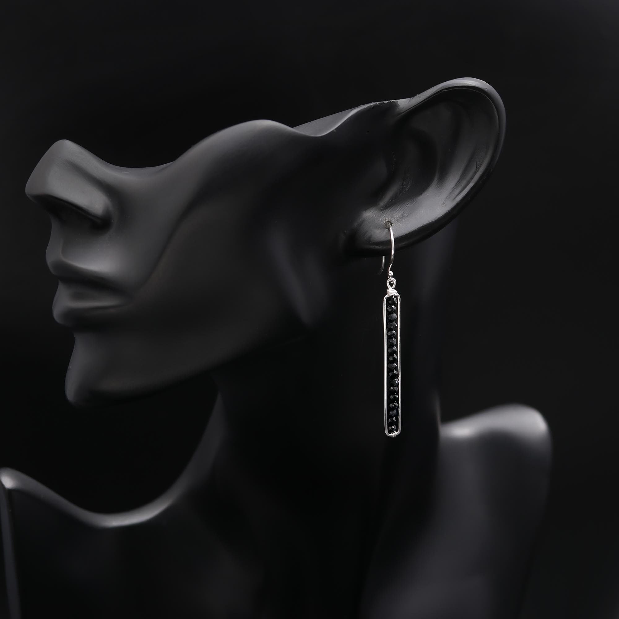 The Noir Linear: Black Spinel & Silver Bar Earrings