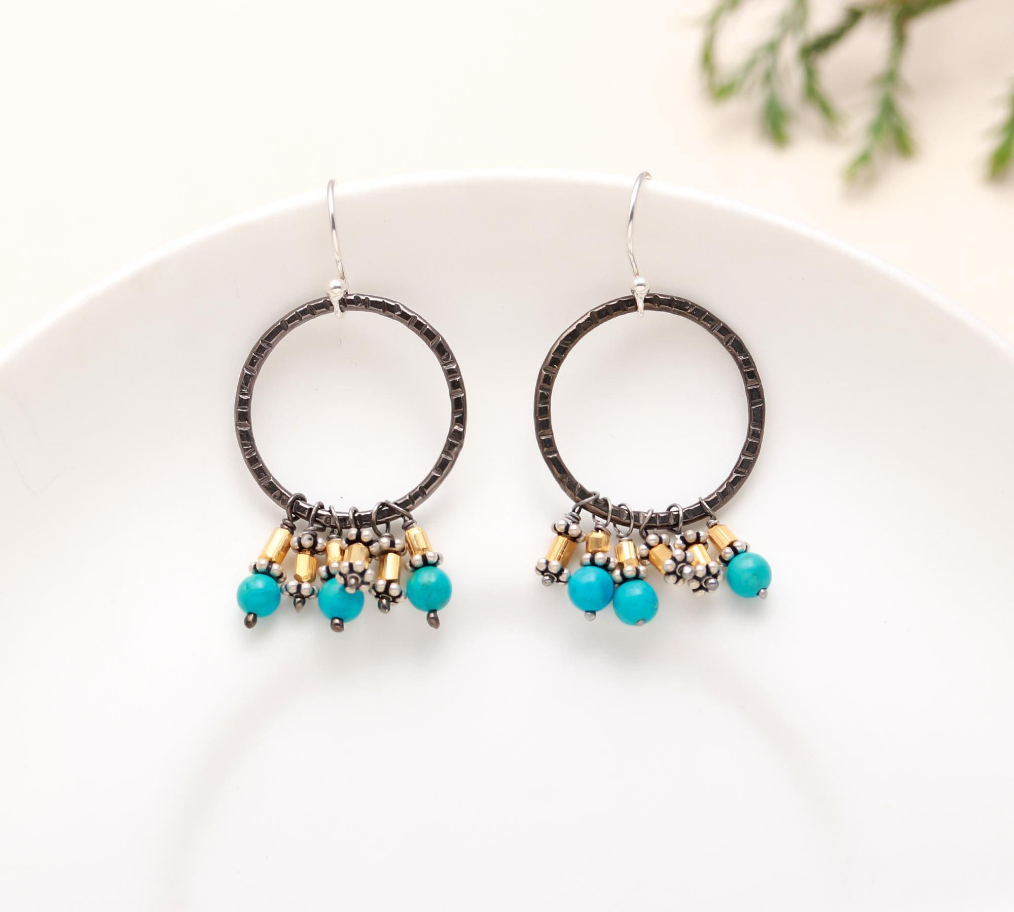 The Rustic Azure: Turquoise & Oxidized Silver Cluster Hoops