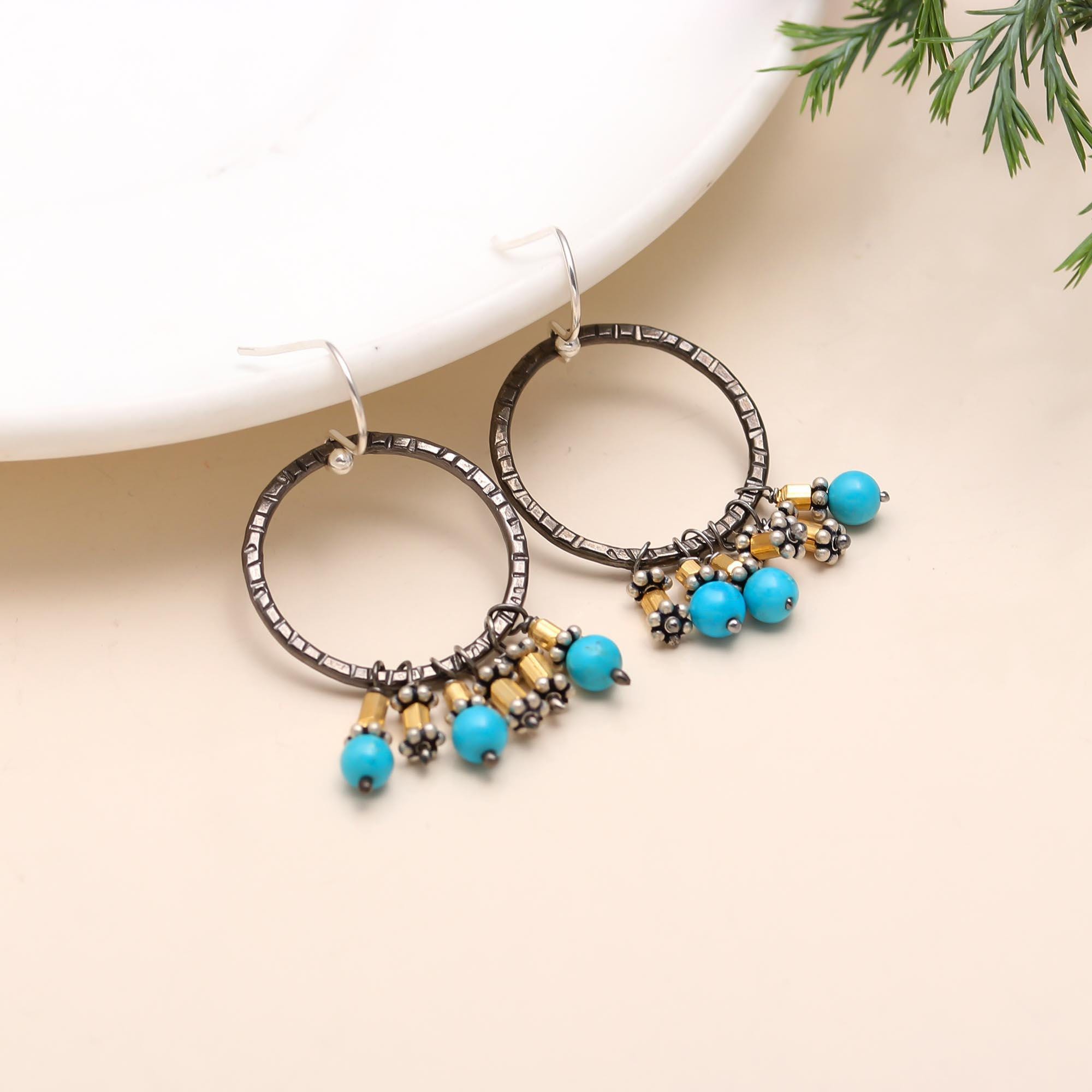 The Rustic Azure: Turquoise & Oxidized Silver Cluster Hoops