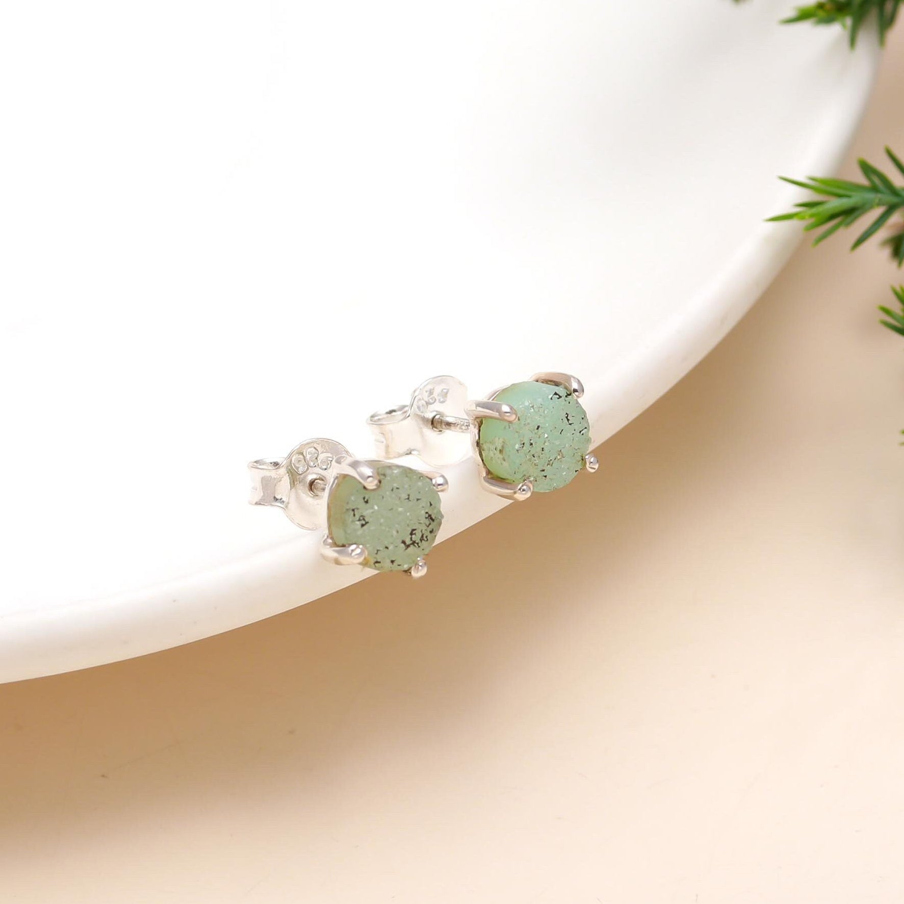 The Mint Stardust: Green Druzy & Silver Stud Earrings
